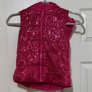 Girls Pink Sequin Puffer Vest With Hood